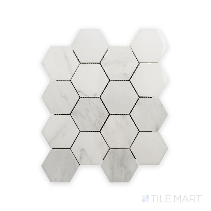 Up-close capture of Oriental White Marble 3" Hexagon Polished Mosaic, showcasing the lustrous polish and precise geometric design.