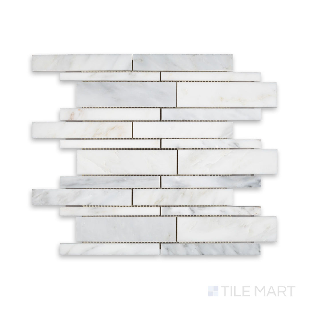 A close-range view of Oriental White Marble Linear Honed Mosaic, highlighting the elongated stone pieces and sophisticated honed surface.