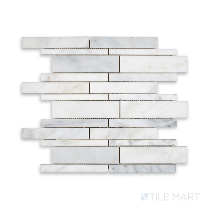 A close-range view of Oriental White Marble Linear Honed Mosaic, highlighting the elongated stone pieces and sophisticated honed surface.