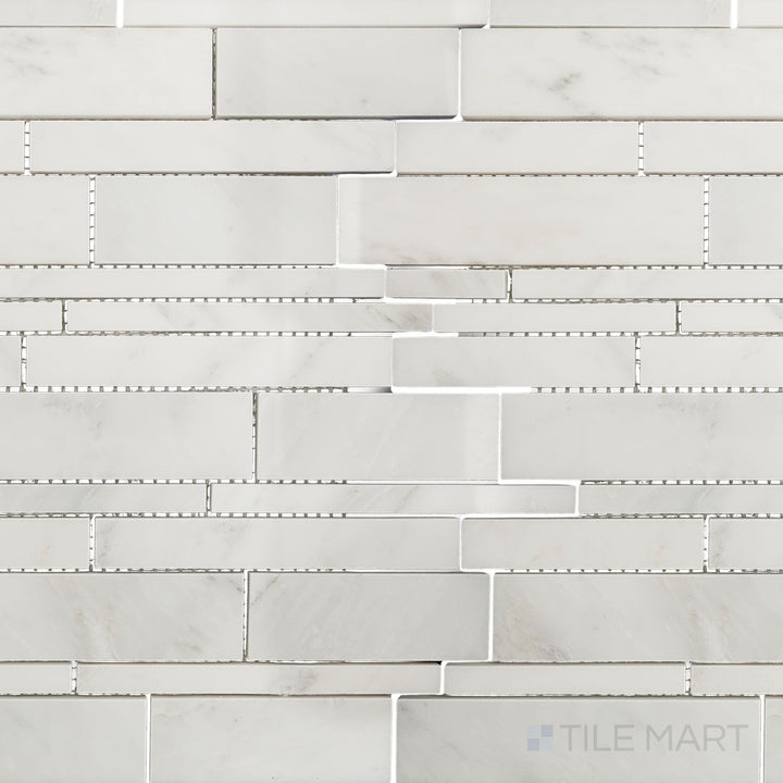 Top-down view of Oriental White Marble linear polished mosaic, featuring an elongated linear pattern with a high-gloss polished surface.