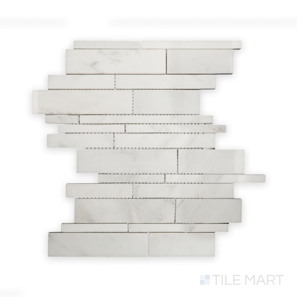 Close-up shot of Oriental White Marble Linear Polished Mosaic, featuring a smooth surface with elongated rectangular pieces in a seamless arrangement.