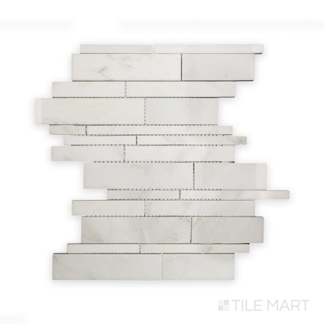 Close-up shot of Oriental White Marble Linear Polished Mosaic, featuring a smooth surface with elongated rectangular pieces in a seamless arrangement.