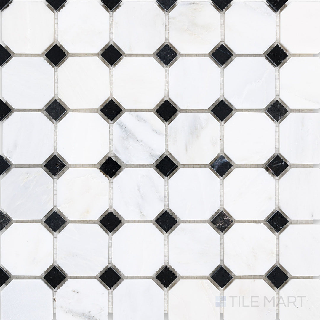 Overhead image of Oriental White Marble octagon with Negro Marquina honed mosaic, displaying a striking contrast of white marble with deep black accents.