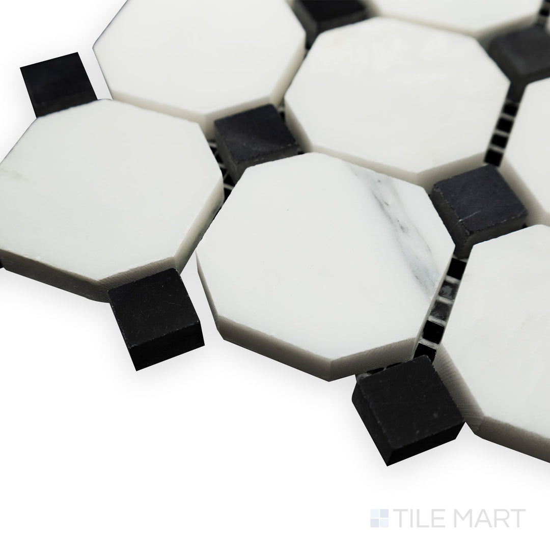 A contrasting blend of white and black is displayed in this corner shot of Oriental White Marble Octagon with Negro Marquina honed mosaic, offering a classic yet bold pattern.