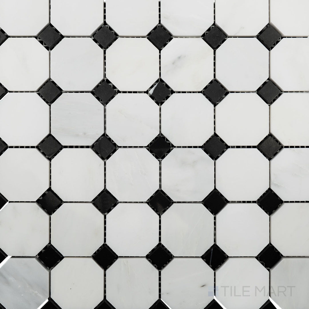 Flat-lay shot of Oriental White Marble octagon with Negro Marquina polished mosaic, featuring a bold octagonal pattern with a glossy, high-shine finish.