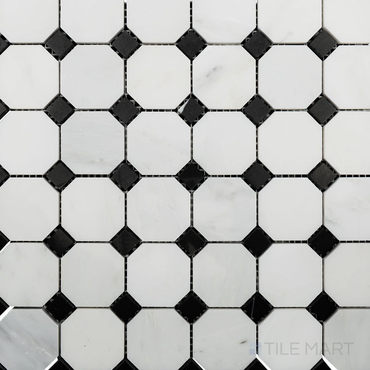 Flat-lay shot of Oriental White Marble octagon with Negro Marquina polished mosaic, featuring a bold octagonal pattern with a glossy, high-shine finish.