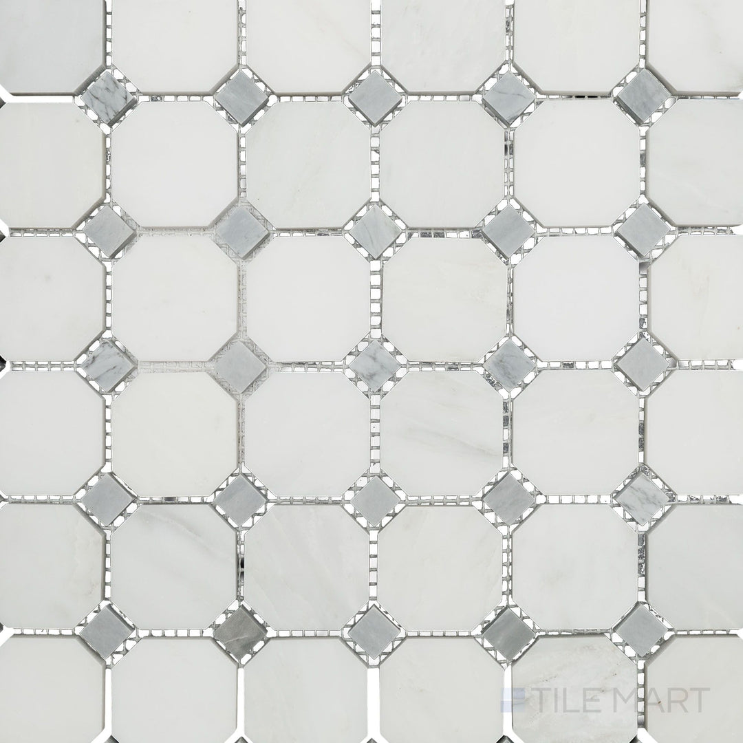 Top-view photo of Oriental White Marble octagon with grey dot honed mosaic, showcasing a classic octagonal arrangement with subtle grey highlights.