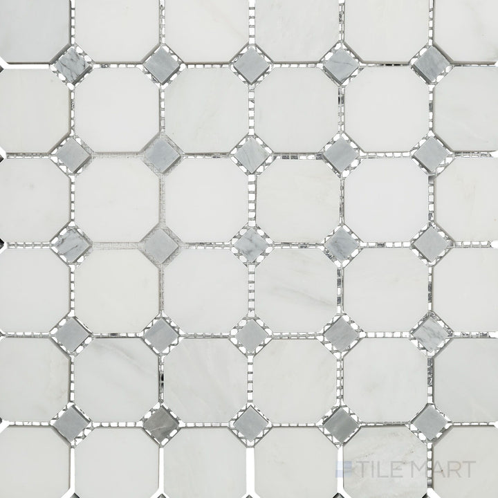 Top-view photo of Oriental White Marble octagon with grey dot honed mosaic, showcasing a classic octagonal arrangement with subtle grey highlights.