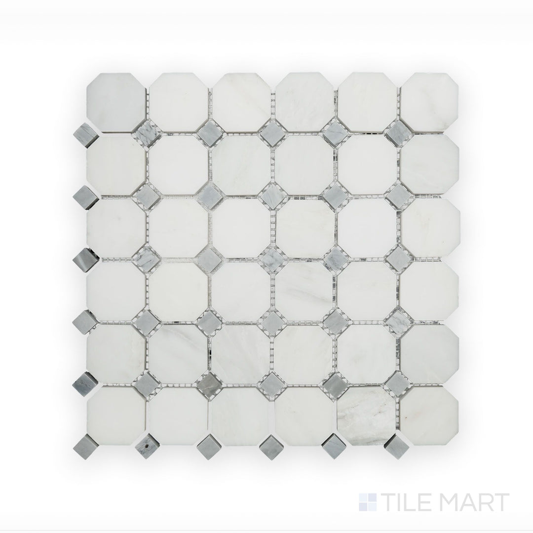 Refined view of Oriental White Marble Octagon with Negro Marquina Polished Mosaic, highlighting the high-gloss finish and striking black insets.