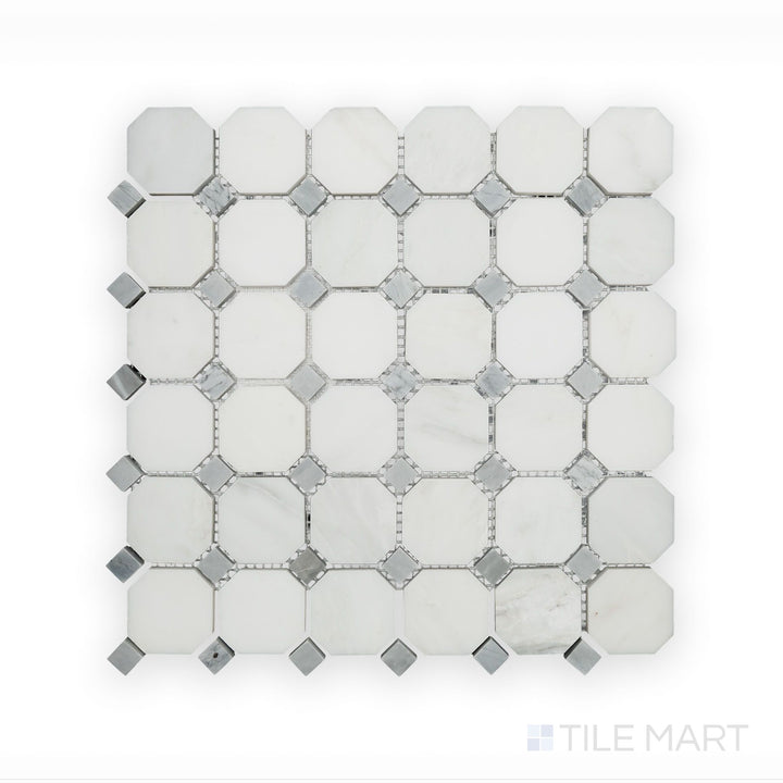 Refined view of Oriental White Marble Octagon with Negro Marquina Polished Mosaic, highlighting the high-gloss finish and striking black insets.