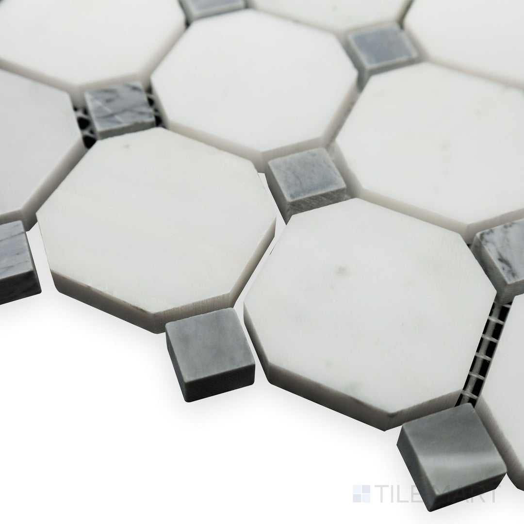 A detailed corner shot captures the subtle elegance of Oriental White Marble Octagon with Grey Dot honed mosaic, featuring a soft matte surface with refined contrast.