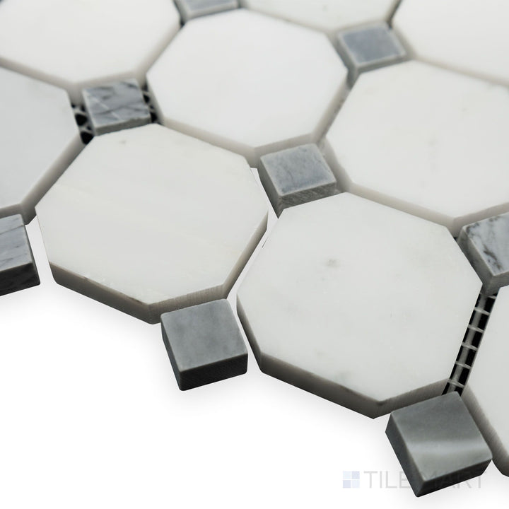 A detailed corner shot captures the subtle elegance of Oriental White Marble Octagon with Grey Dot honed mosaic, featuring a soft matte surface with refined contrast.