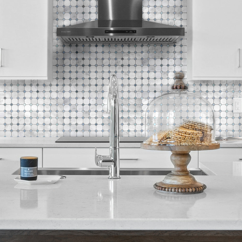 A bold yet classic roomscene featuring Oriental White Marble Octagon W/Grey Dot Honed Mosaic, creating a statement with its intricate pattern and elegant contrast.