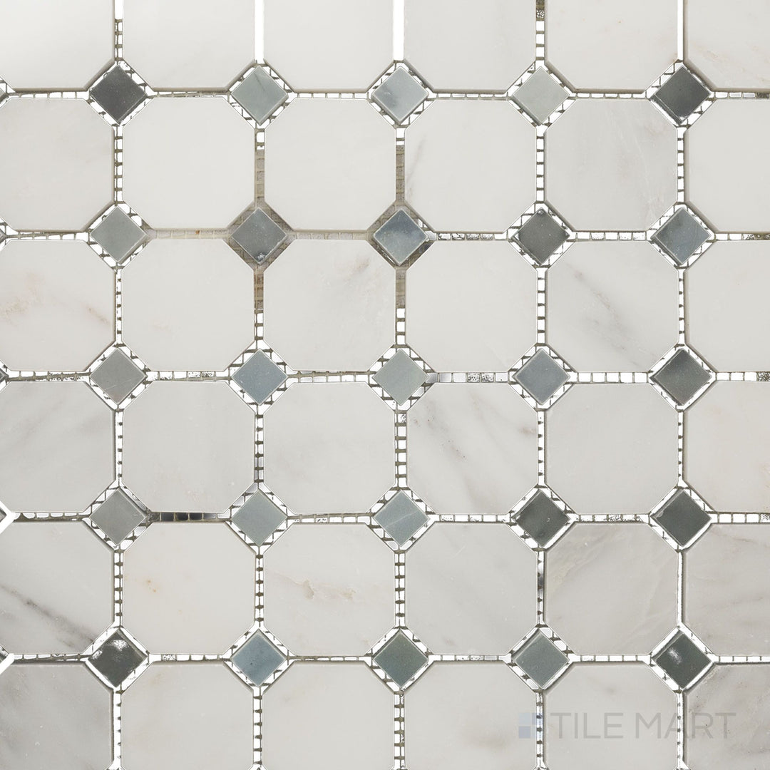 Overhead image of Oriental White Marble octagon with grey dot polished mosaic, offering a glossy octagonal design with soft grey detailing.