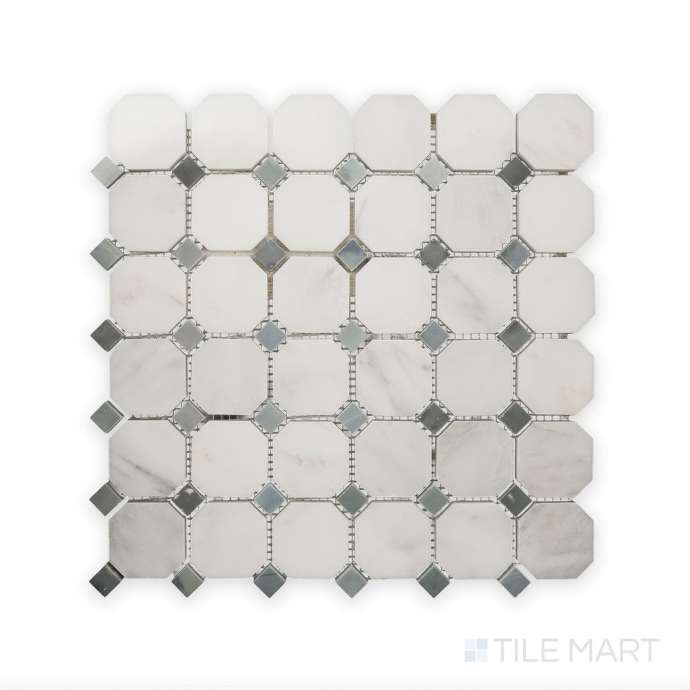 An intricate perspective of Oriental White Marble Octagon with Grey Dot Polished Mosaic, showcasing the smooth finish and delicate grey insets.