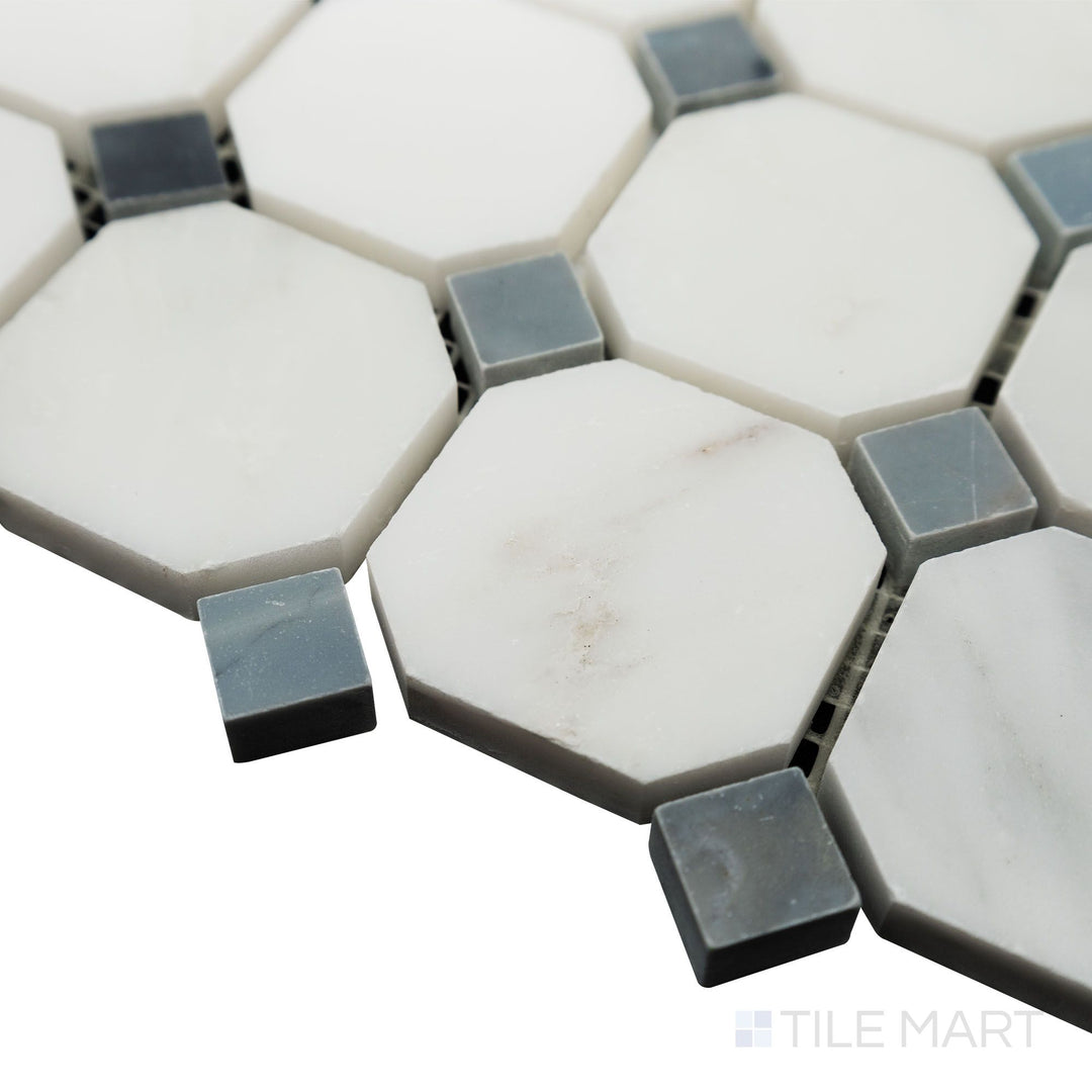 A crisp and polished aesthetic stands out in this corner view of Oriental White Marble Octagon with Grey Dot polished mosaic, reflecting a delicate balance of light and pattern.
