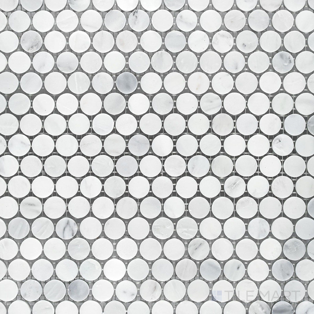 Overhead image of Oriental White Marble 3/4" penny round honed mosaic, featuring small circular tiles with a smooth honed texture for a timeless look.
