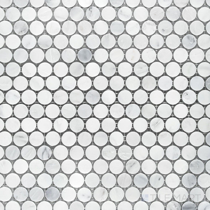 Overhead image of Oriental White Marble 3/4" penny round honed mosaic, featuring small circular tiles with a smooth honed texture for a timeless look.