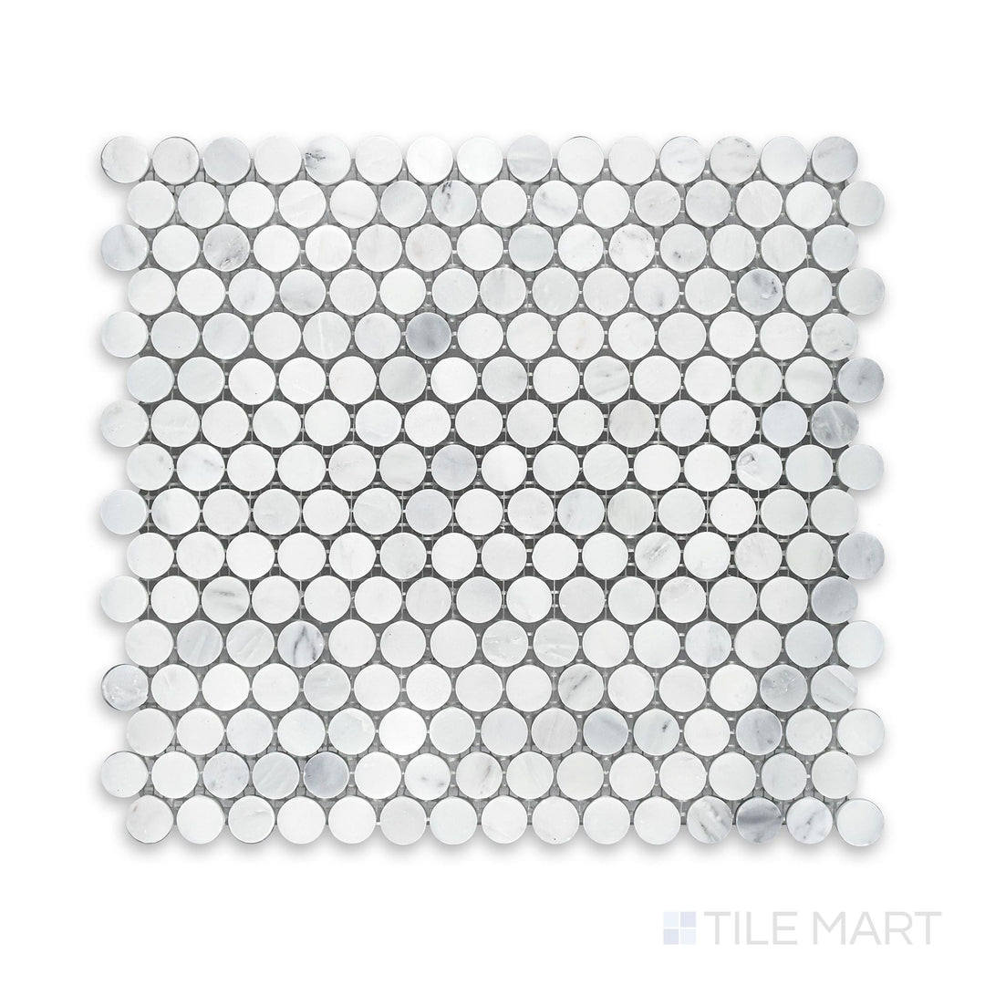 A close-range look at Oriental White Marble 3/4" Penny Round Honed Mosaic, showcasing a matte surface with uniform circular tiles.