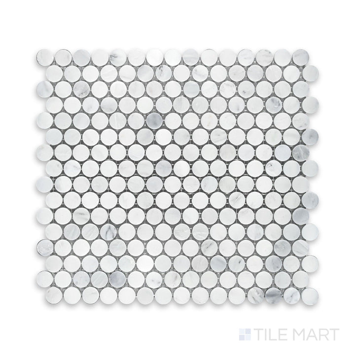 A close-range look at Oriental White Marble 3/4" Penny Round Honed Mosaic, showcasing a matte surface with uniform circular tiles.