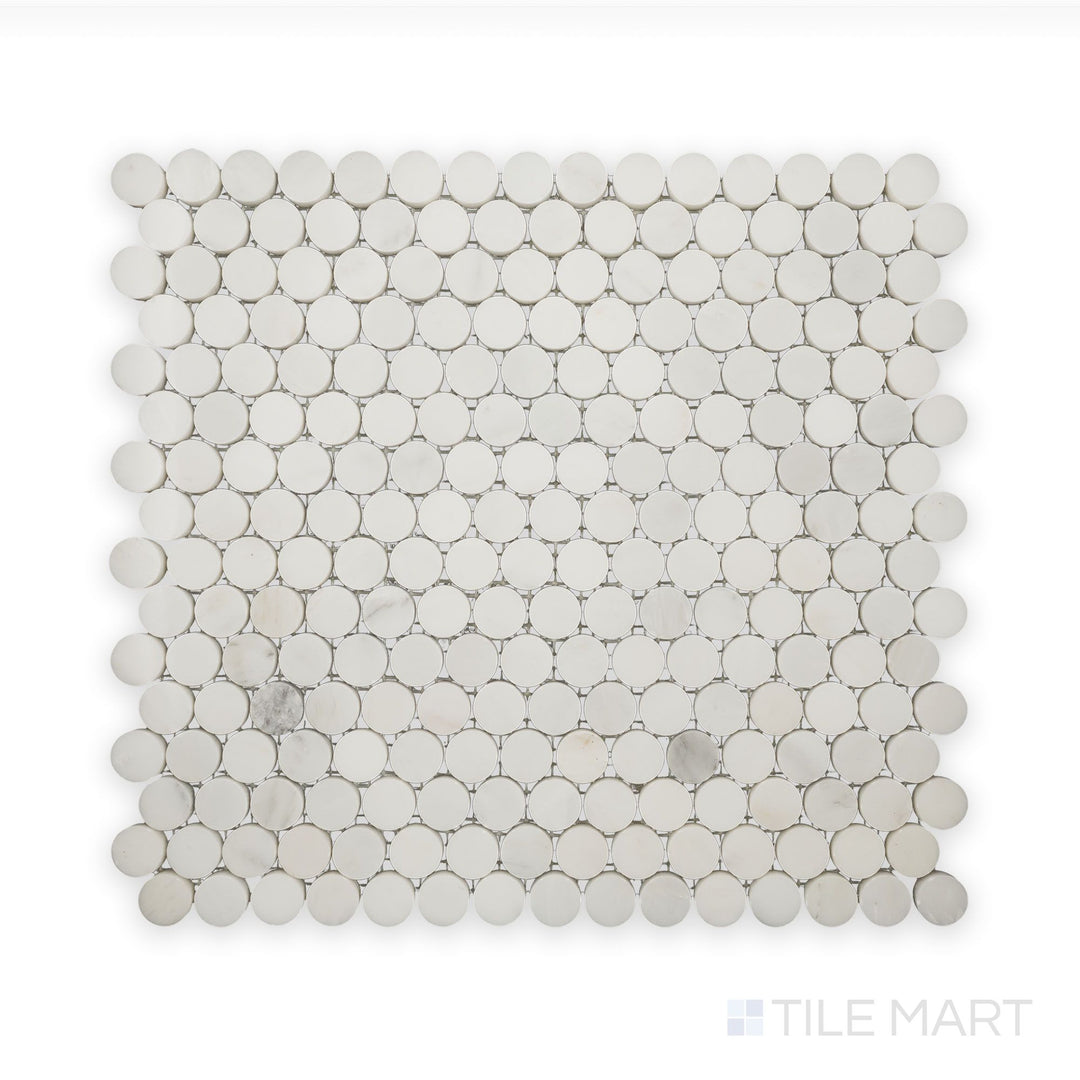 Zoomed-in detail of Oriental White Marble 3/4" Penny Round Polished Mosaic, highlighting the glossy surface and soft marble veining.