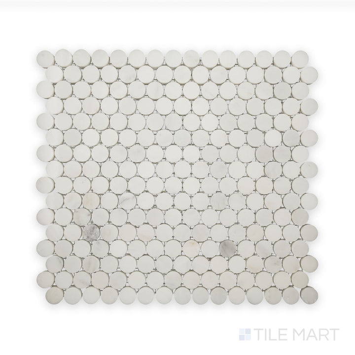 Zoomed-in detail of Oriental White Marble 3/4" Penny Round Polished Mosaic, highlighting the glossy surface and soft marble veining.
