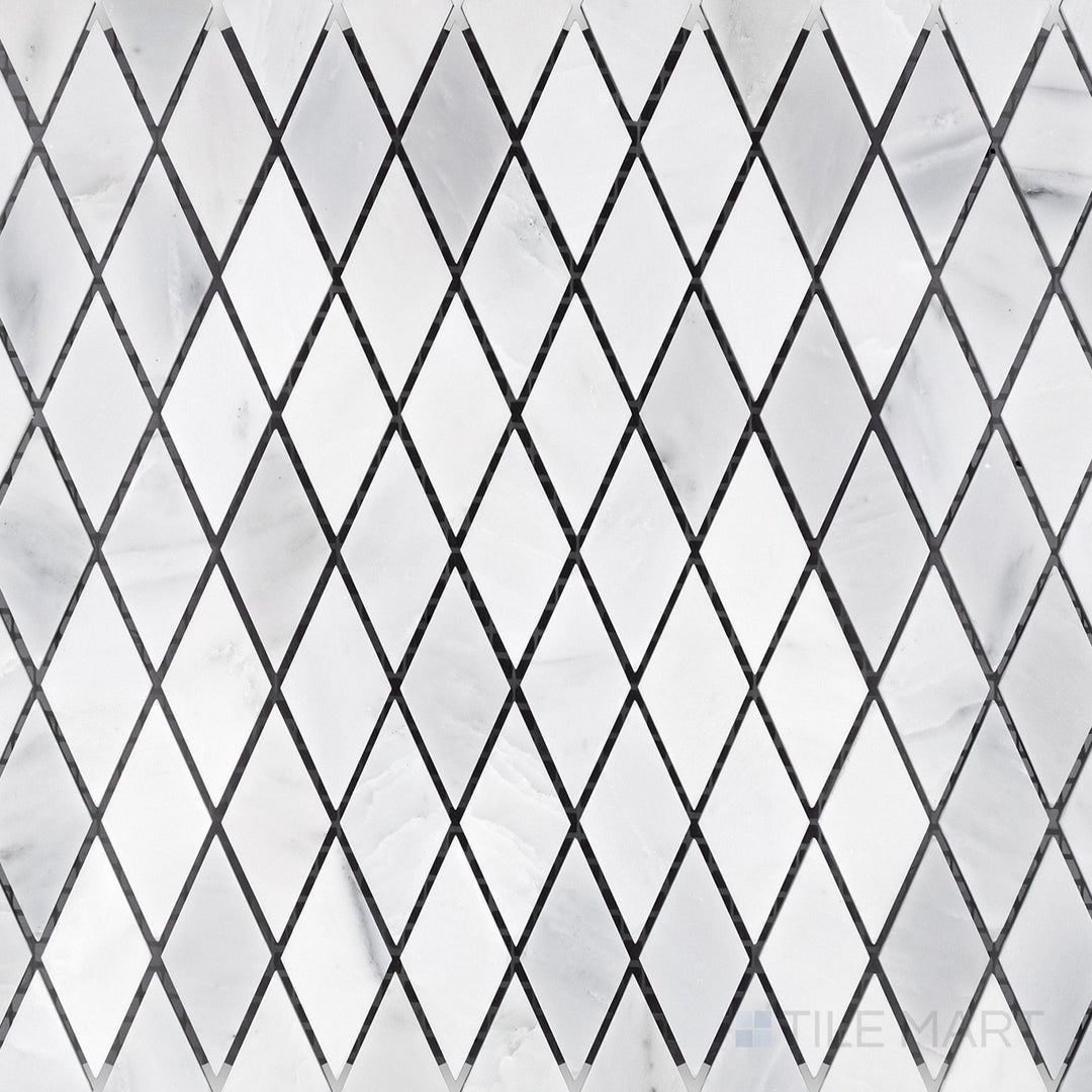 Top-view photo of Oriental White Marble rhomboid honed mosaic, featuring a geometric rhombus-shaped layout with a soft honed finish.