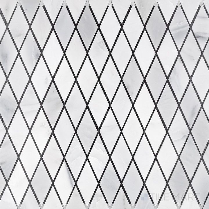 Top-view photo of Oriental White Marble rhomboid honed mosaic, featuring a geometric rhombus-shaped layout with a soft honed finish.