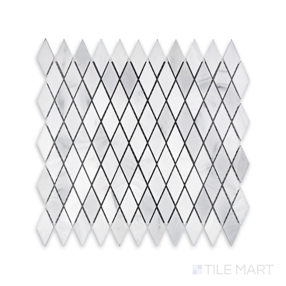 Intricate view of Oriental White Marble Rhomboid Honed Mosaic, capturing the geometric elegance with a honed matte finish.