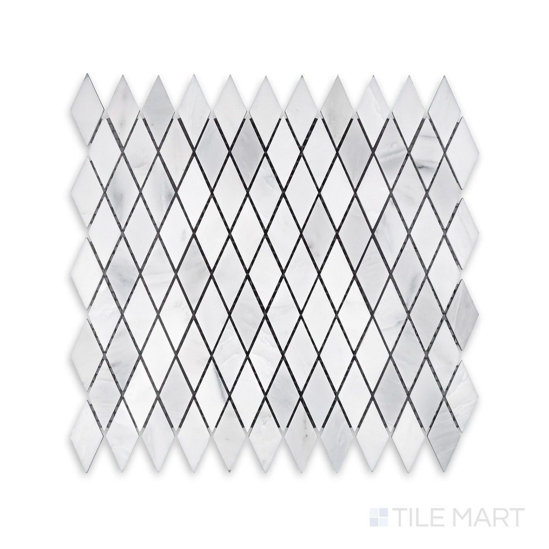 Intricate view of Oriental White Marble Rhomboid Honed Mosaic, capturing the geometric elegance with a honed matte finish.