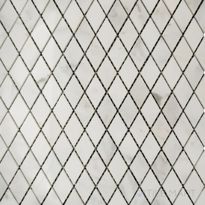 Overhead image of Oriental White Marble rhomboid polished mosaic, showcasing a striking geometric pattern with a refined polished surface.