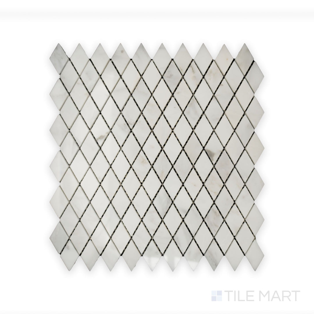 A sharp close-up of Oriental White Marble Rhomboid Polished Mosaic, displaying the lustrous surface and striking angles of the rhomboid pattern.