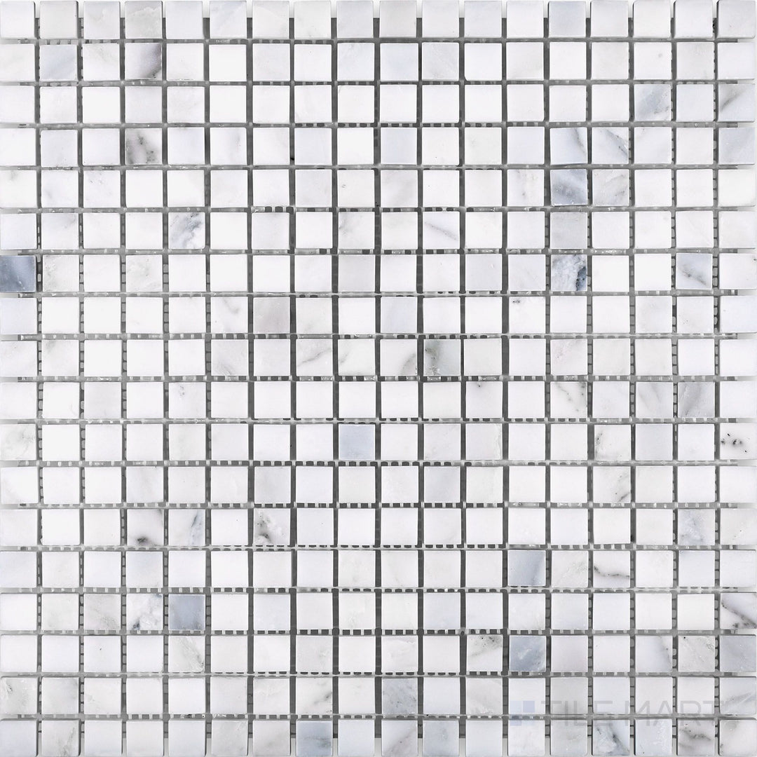Flat-lay shot of Oriental White Marble 5/8" square honed mosaic, featuring a compact square format with a smooth honed texture.