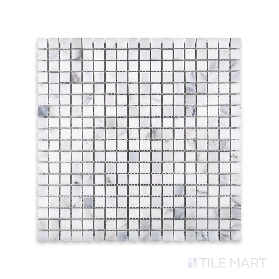 A fine-detail shot of Oriental White Marble 5/8" Square Honed Mosaic, featuring a compact and evenly spaced layout with a soft matte finish.