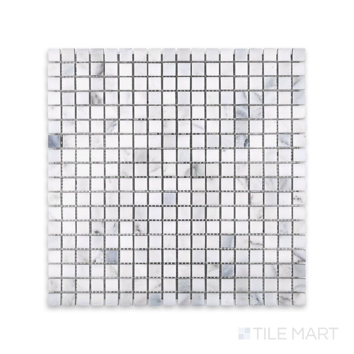 A fine-detail shot of Oriental White Marble 5/8" Square Honed Mosaic, featuring a compact and evenly spaced layout with a soft matte finish.