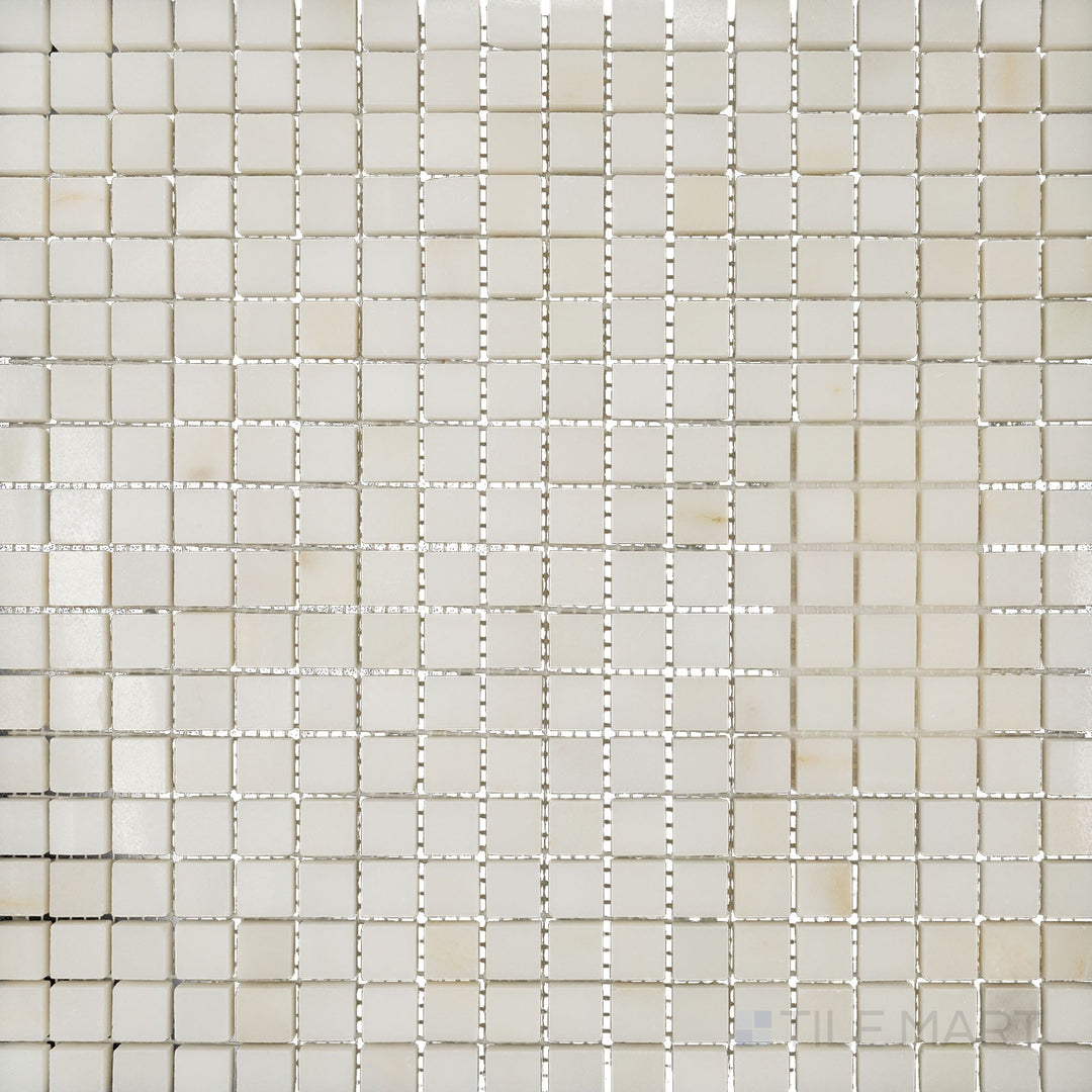 Top-down view of Oriental White Marble 5/8" square polished mosaic, offering a high-gloss polished finish that enhances its natural veining.