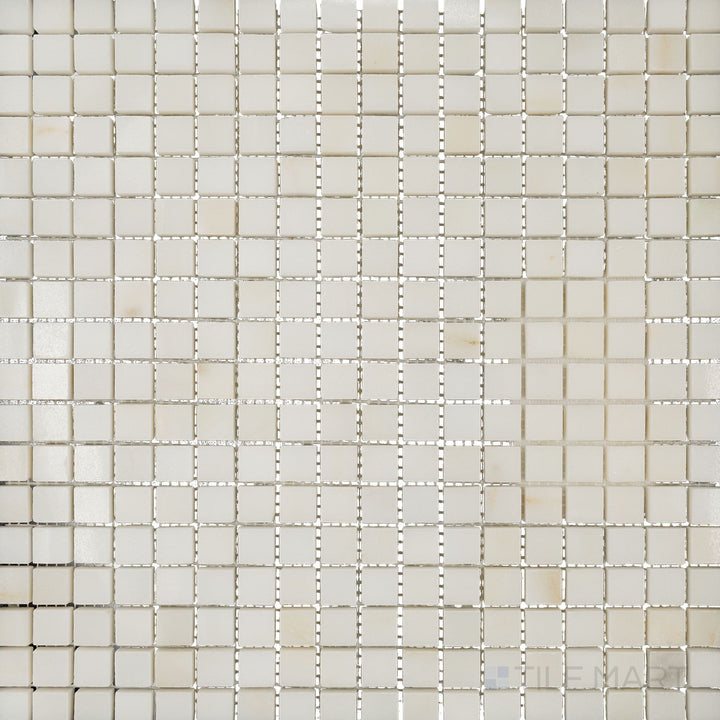 Top-down view of Oriental White Marble 5/8" square polished mosaic, offering a high-gloss polished finish that enhances its natural veining.