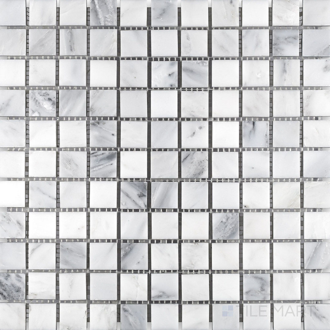 Overhead image of Oriental White Marble 1" square honed mosaic, displaying a uniform square pattern with a refined honed surface.