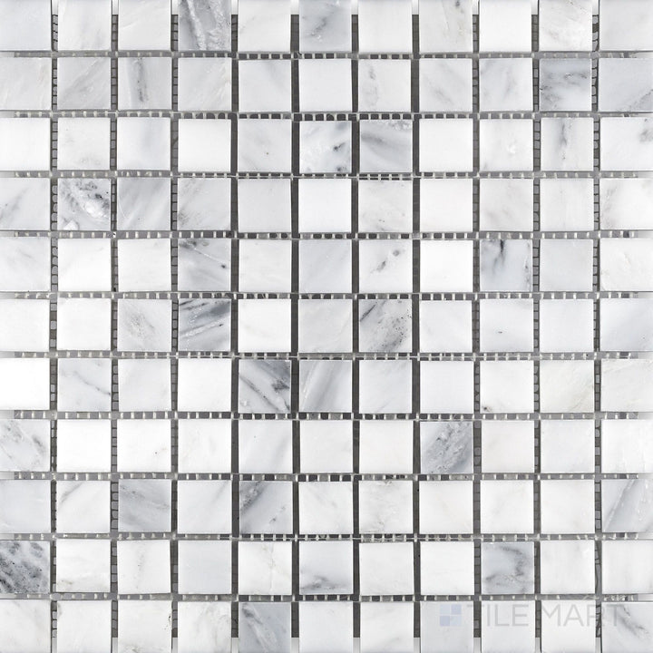 Overhead image of Oriental White Marble 1" square honed mosaic, displaying a uniform square pattern with a refined honed surface.