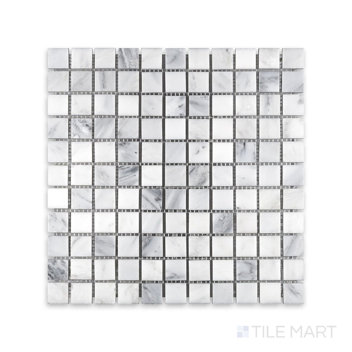 A high-resolution look at Oriental White Marble 1" Square Honed Mosaic, capturing the natural veining and elegant matte texture.