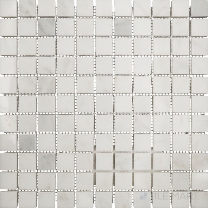 Flat-lay shot of Oriental White Marble 1" square polished mosaic, featuring a smooth polished surface that adds elegance to the square design.
