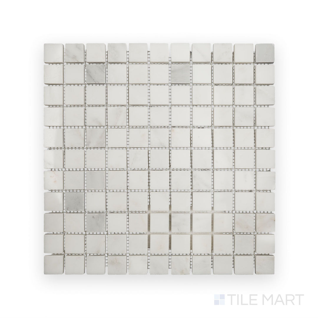 Intricate close-up of Oriental White Marble 1" Square Polished Mosaic, showcasing the luxurious shine and timeless marble appeal.