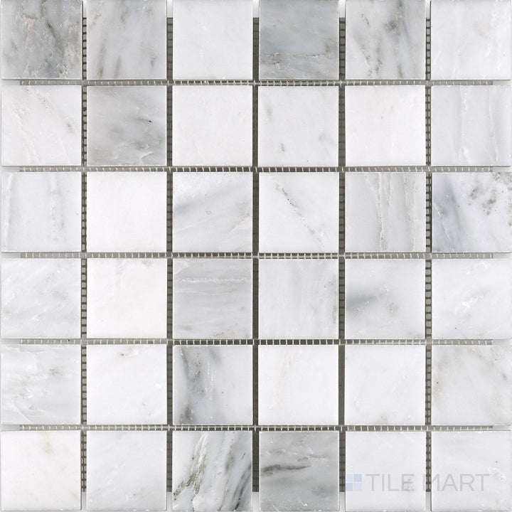 Top-view photo of Oriental White Marble 2" square honed mosaic, showcasing a larger square format with a subtle honed matte texture.