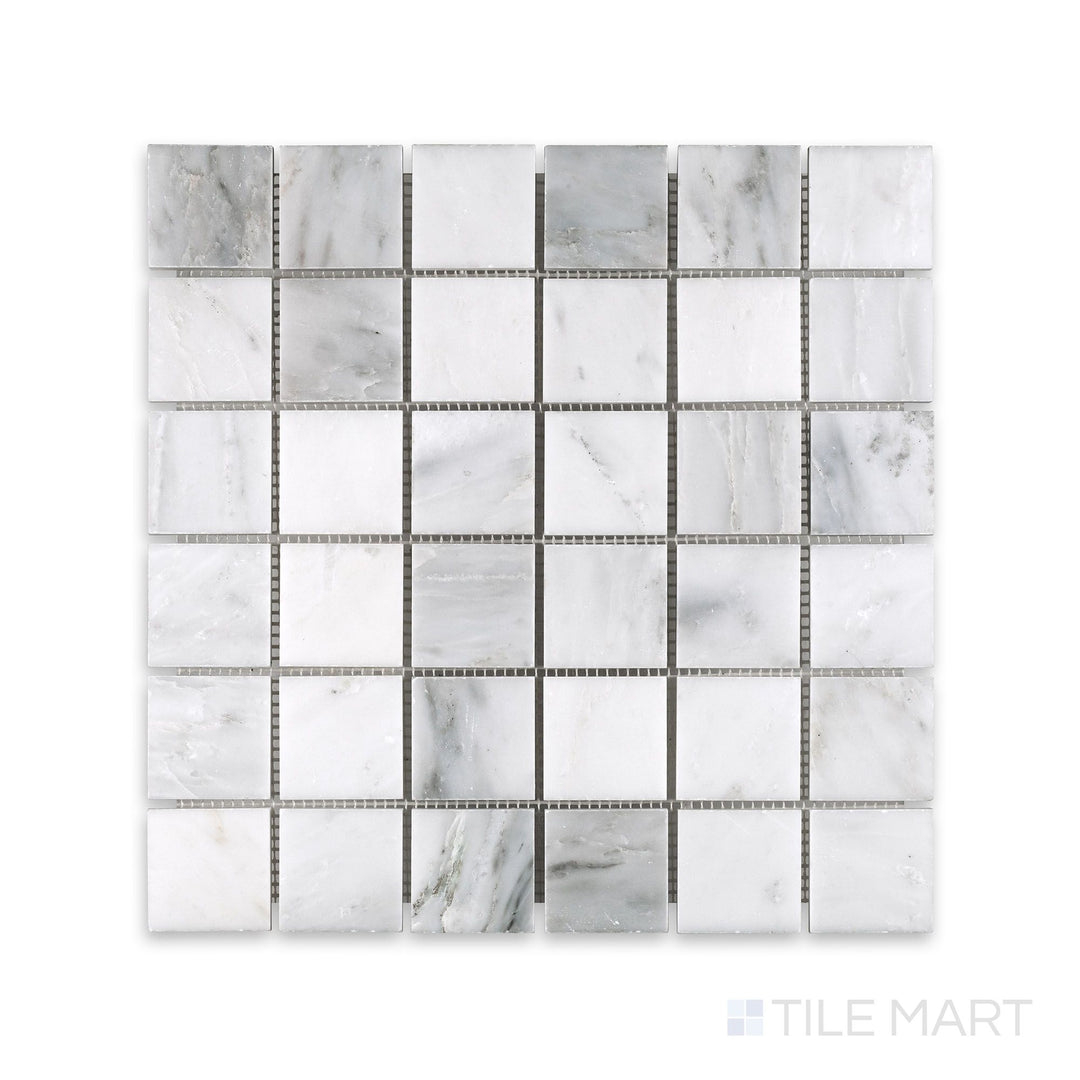 Detailed view of Oriental White Marble 2" Square Honed Mosaic, emphasizing the classic layout with soft, honed veining.