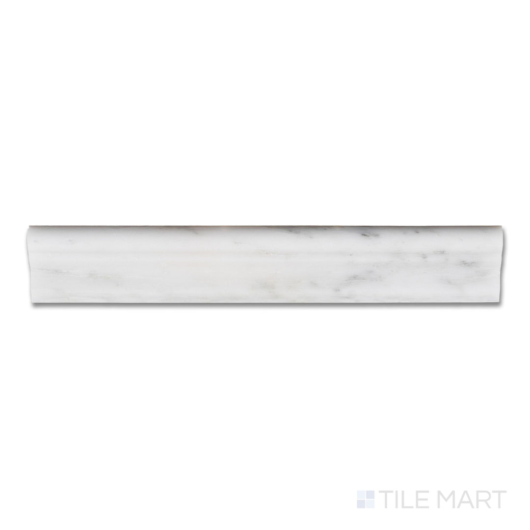 Top-down view of Oriental White Marble 2x12 honed grand chair rail, featuring a soft matte white surface with natural grey veining and a gently rounded profile.