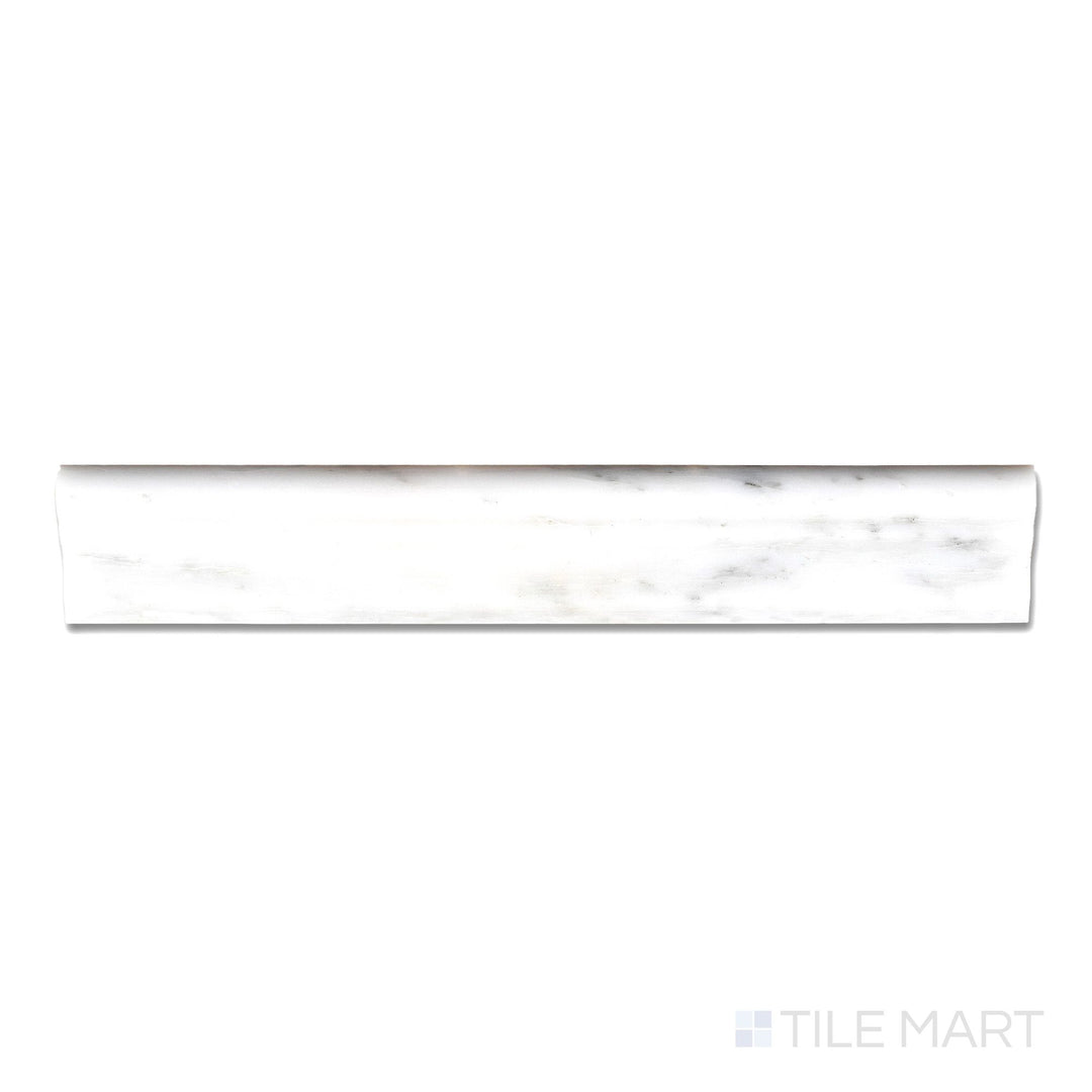 Flat-lay image of Oriental White Marble 2x12 polished grand chair rail, showcasing a glossy, white marble surface with elegant grey veining and a smooth curved edge.