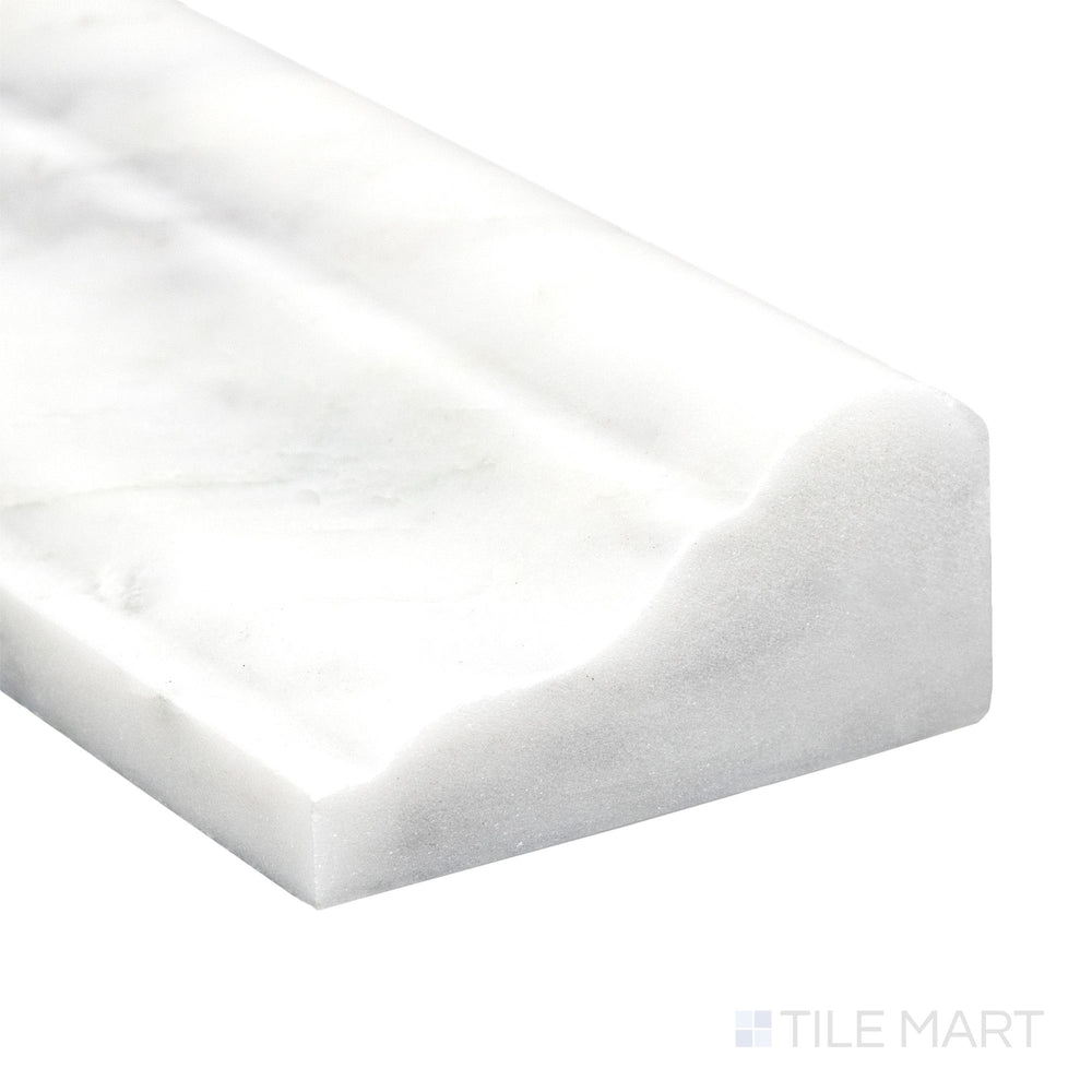 Corner detail of Oriental White Marble 2x12 polished grand chair rail highlighting glossy finish and elegant veining.