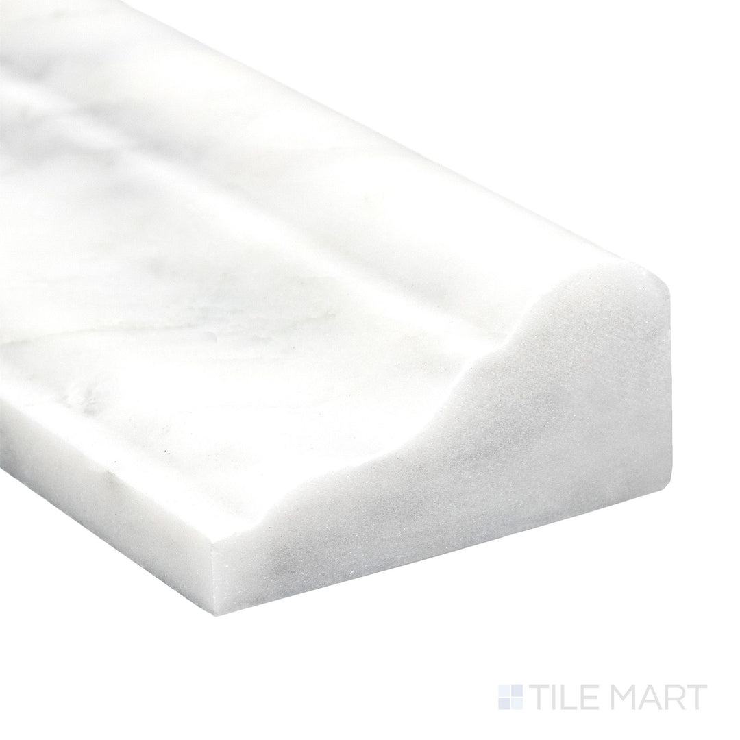 Corner detail of Oriental White Marble 2x12 polished grand chair rail highlighting glossy finish and elegant veining.