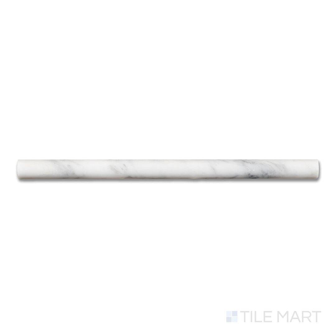 Overhead view of Oriental White Marble 0.75x12 honed standard liner, a linear trim with a soft matte finish and subtle white and grey marble patterning.