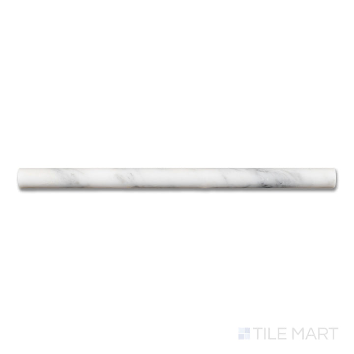 Overhead view of Oriental White Marble 0.75x12 honed standard liner, a linear trim with a soft matte finish and subtle white and grey marble patterning.